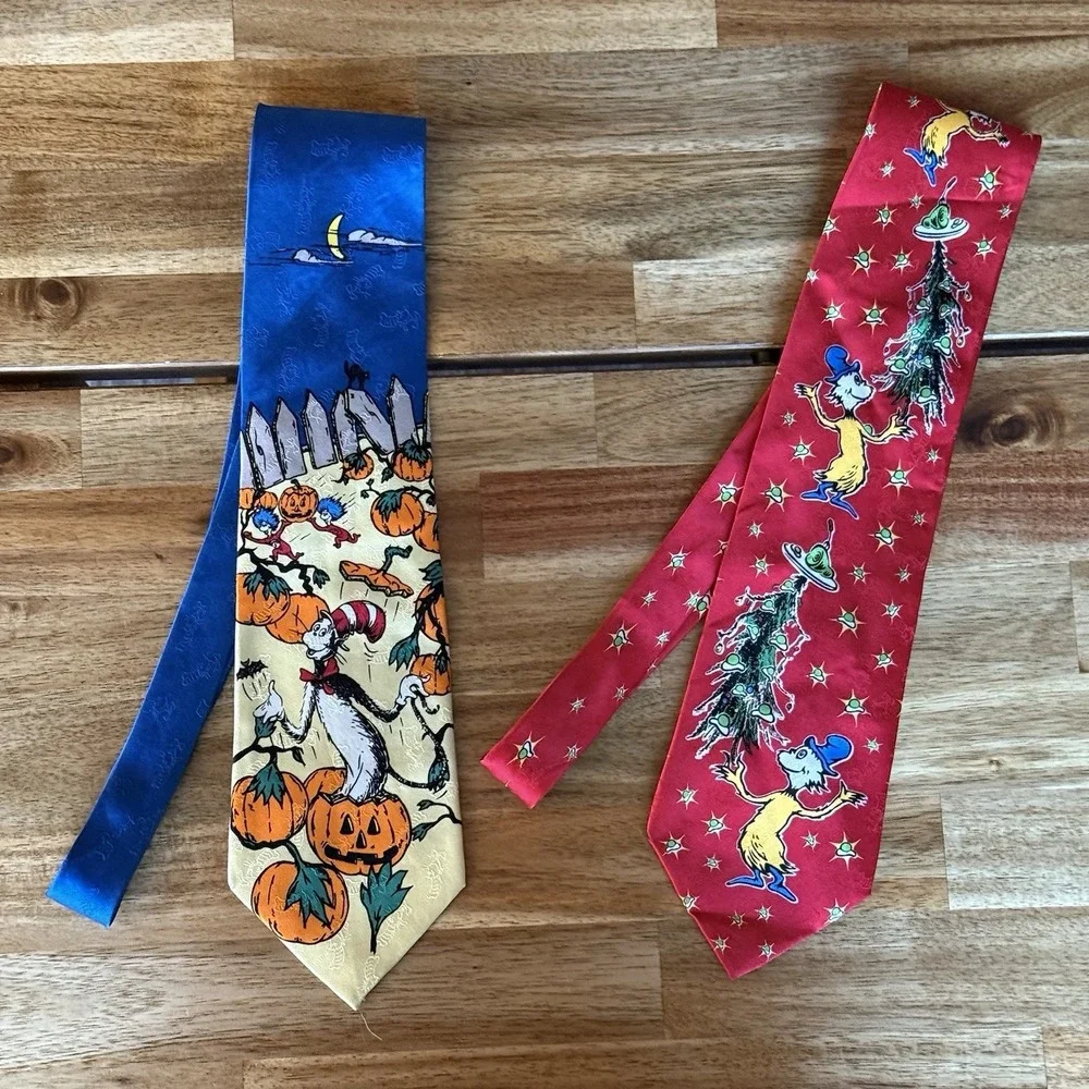 VTG 2 Dr Seuss Ties 100% Silk Green Eggs & Ham Halloween Pumpkin Holiday Costume